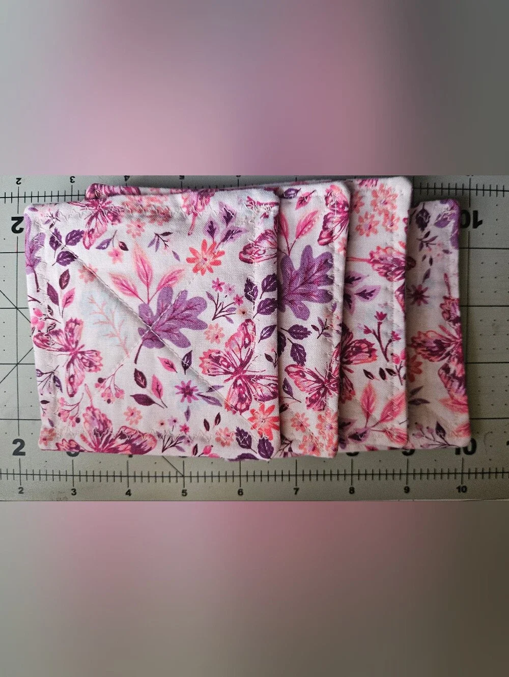 Pink & Purple Butterfly Floral Fabric Square Cup Coasters - HANDMADE